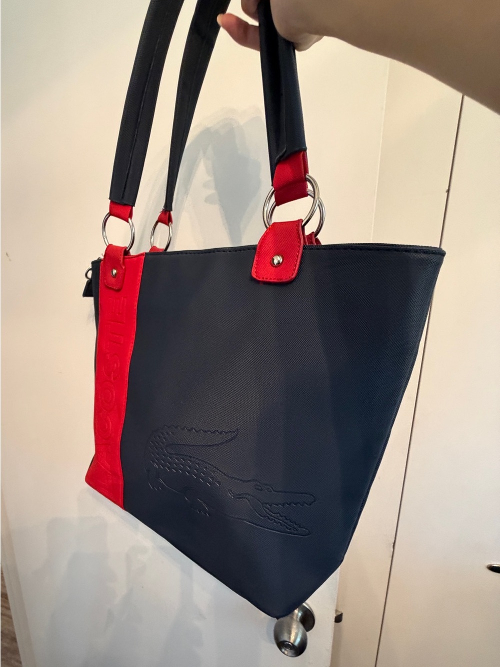 Lacoste Navy Tote with Red Accent Panel and Handles - Picture 3 of 5